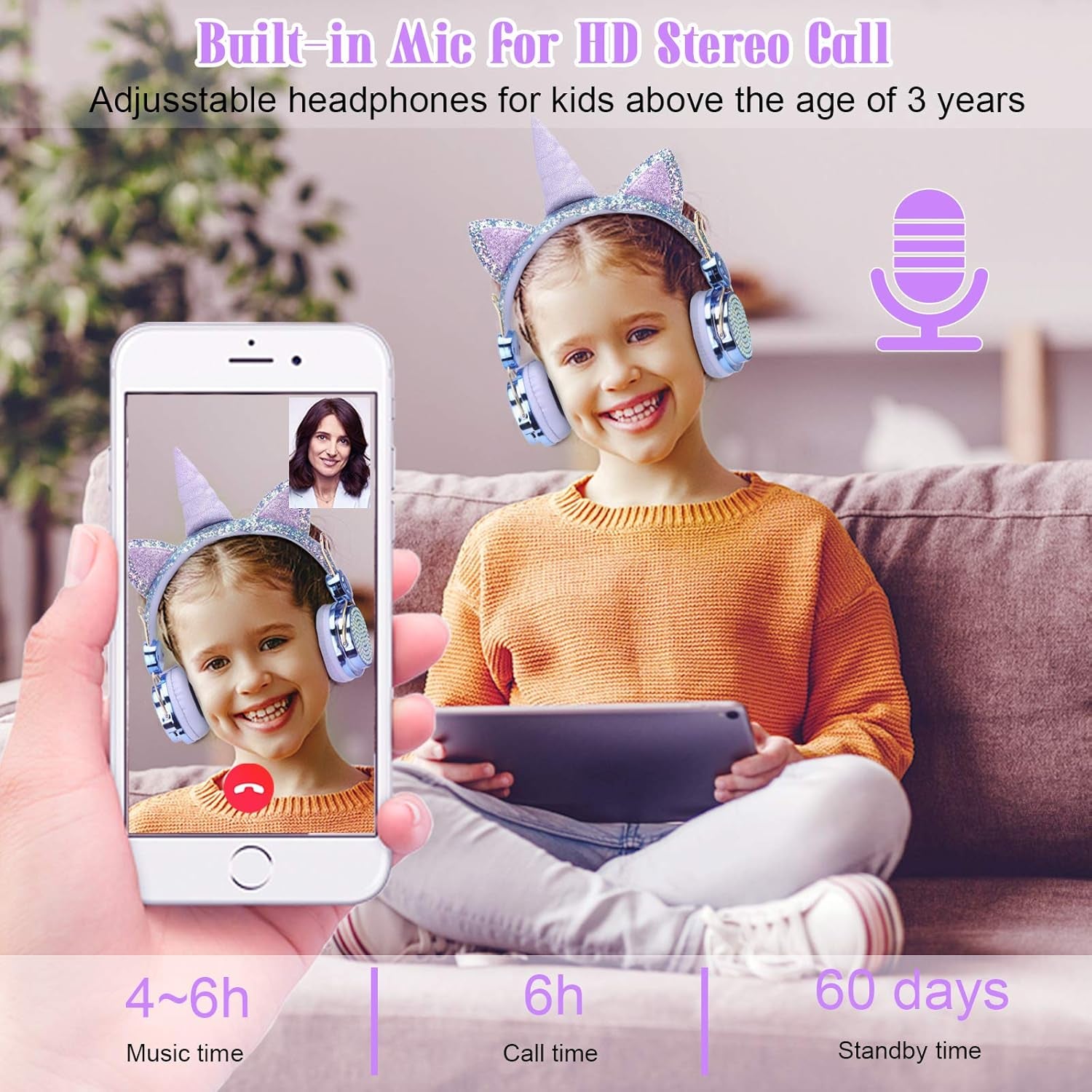 Kids Unicorn Headphones for Girls - Wireless Bluetooth Headset with Mic, Adjustable Headband, over Ear for Smartphones/School/Kindle/Tablet/Pc (Blue)