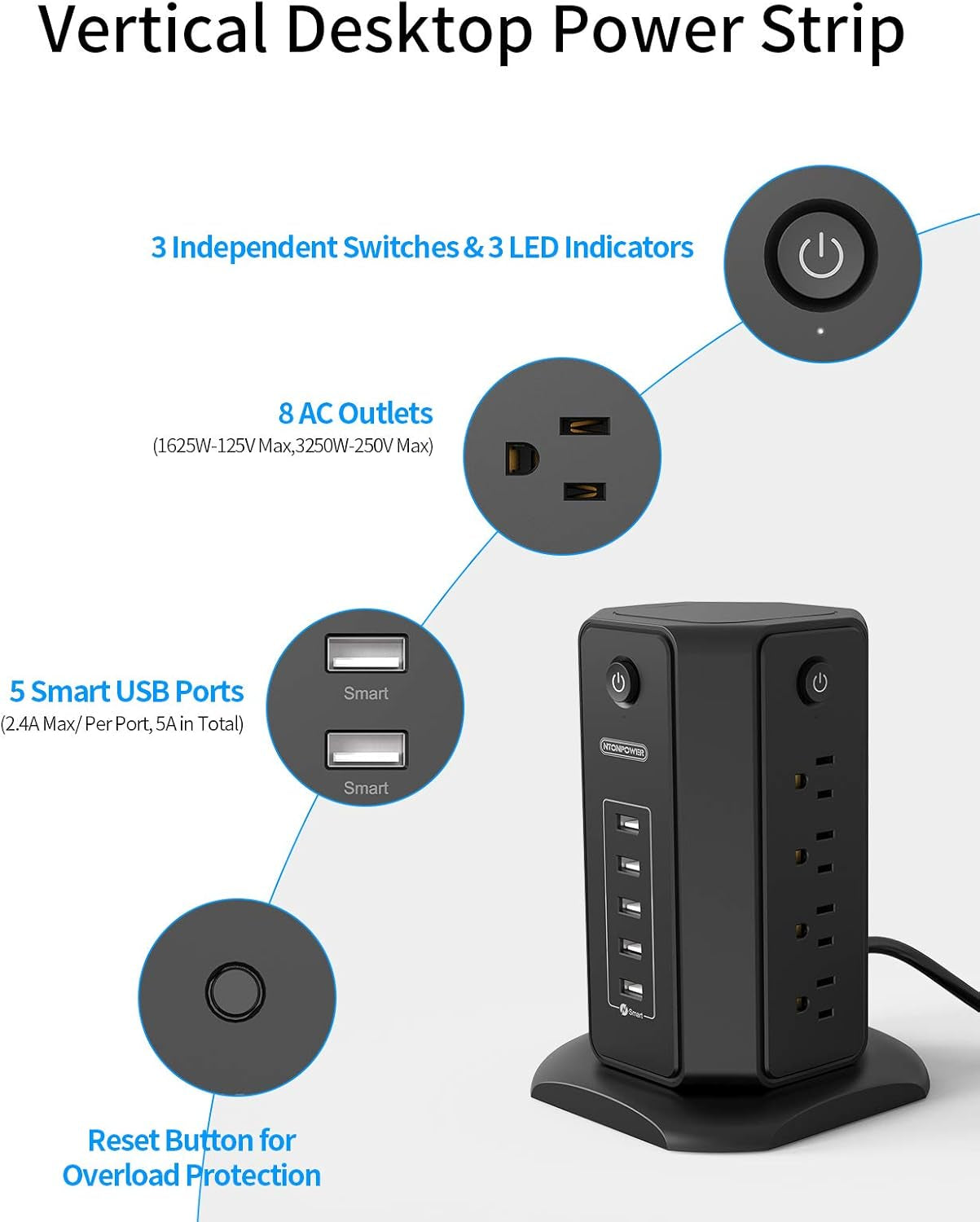 10Ft Extension Cord Power Strip Tower,  Flat Plug Surge Protector with 8 Outlets 5 USB Desktop Charging Station, Individual Switches, 1080 Joules, 13A Circuit Breaker for Home Office, Black